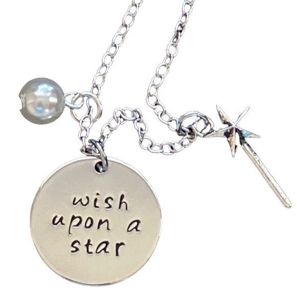 Wish Upon A Star Faux Pearl Wand Silver Plated Charm Pendant Necklace NWT - Picture 1 of 9